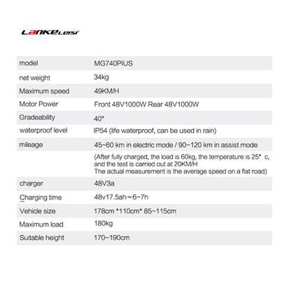 MG740 Plus 26 Inch Dual Motor Electric Bike, 48V 20Ah Battery,Front & Rear Hydraulic Brakes,Hydraulic Suspension Front Fork