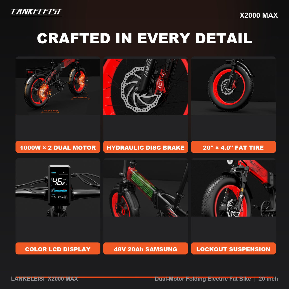 X2000 MAX crafted details - dual motor, hydraulic disc brake, 20x4.0 fat tire, color LCD display, Samsung battery, lockout suspension fork