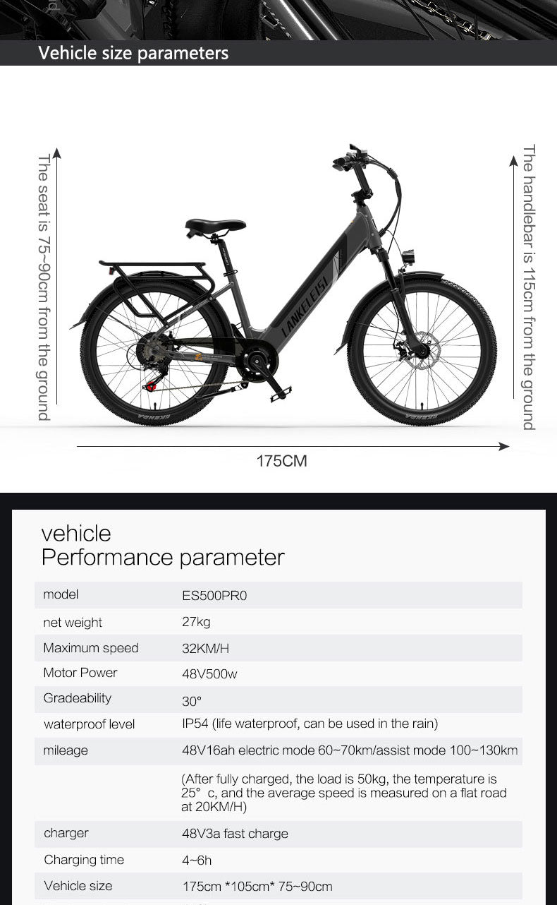 ES500 Pro 500W 48V 16Ah 130Km Endurance 24 Inch Brushless Motor Urban Electric Bike Dual Disc Brakes 32km/h Max Speed City Bik